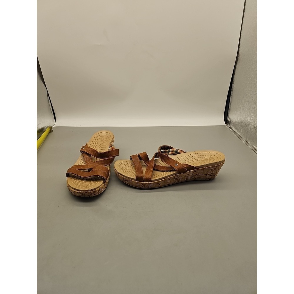 Crocs Sandals Womens 9 A-Leigh Slip On Wedge Slide Brown Leather Open Toe